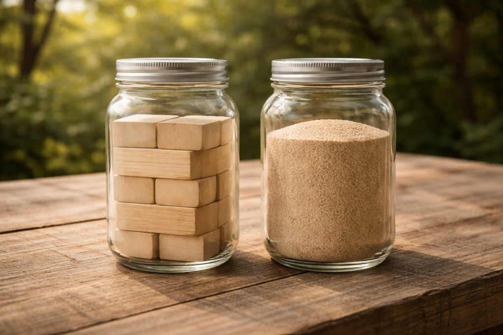 Deux contenants identiques remplis à ras bord, l’un avec des blocs solides, l’autre avec un matériau fin et compact