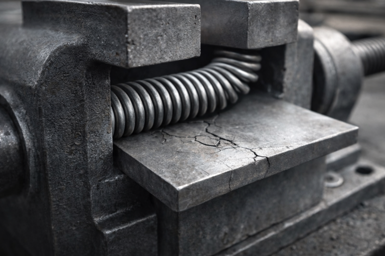 Ressort métallique entièrement comprimé dans un étau, la pression se reportant sur une plaque rigide qui se fissure lentement