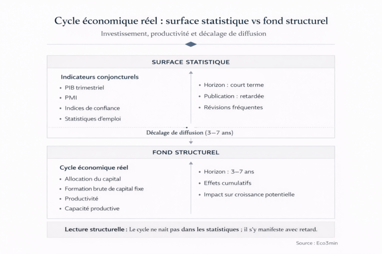 Schéma conceptuel illustrant le décalage entre indicateurs conjoncturels (PIB, PMI, emploi) et cycle économique réel fondé sur l’investissement et la productivité.