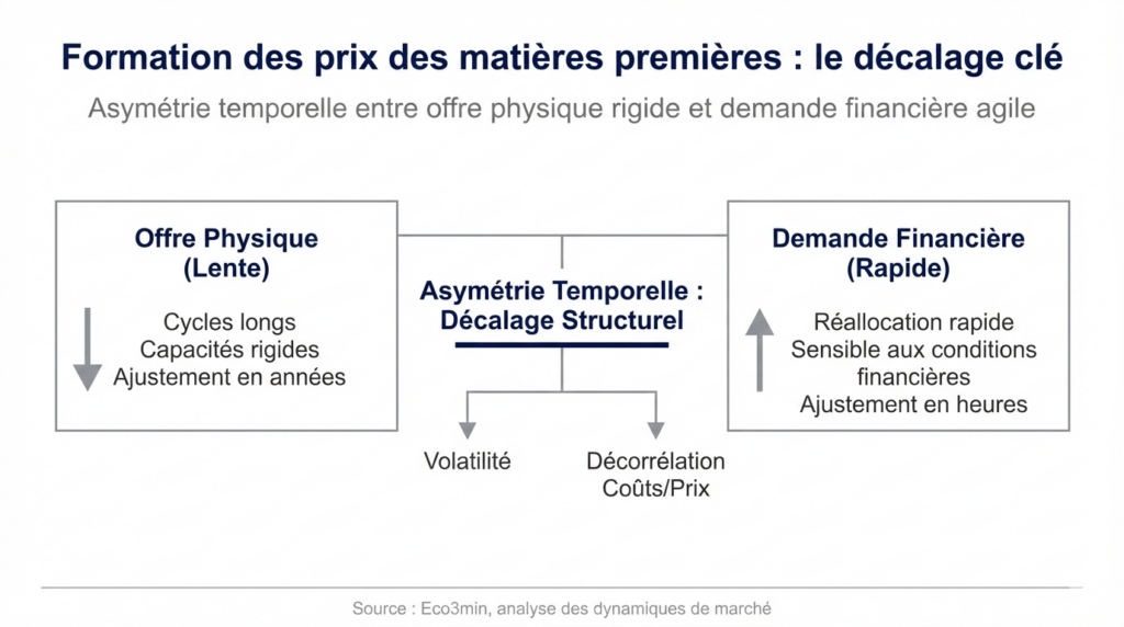Temporal asymmetry in commodity price formation: physical supply (5–12 year cycles, inelastic) coexists with financial demand (hourly adjustment), amplified by global financial conditions (real rates, dollar). Price alone performs short-term adjustment.