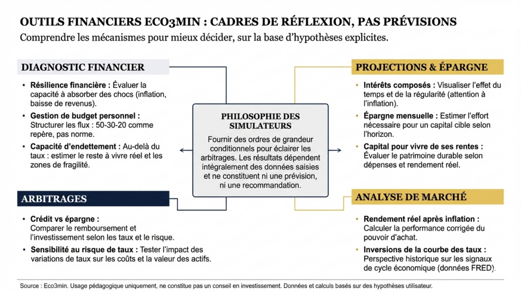 Infographie présentant les quatre piliers des simulateurs Eco3min : Diagnostic financier, Arbitrages, Projections et Analyse de marché.