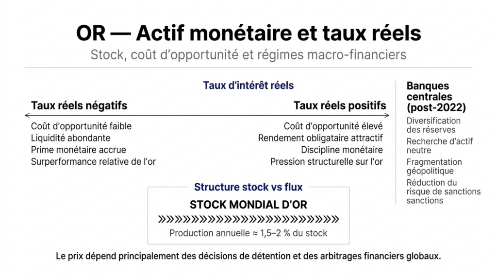 Relation entre taux d’intérêt réels, coût d’opportunité et évolution du prix de l’or dans un cadre macro-financier