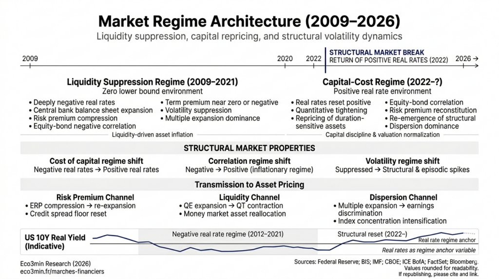 Infographie présentant l’évolution des régimes de marché entre 2009 et 2026, incluant la suppression de la liquidité, le retour des taux réels positifs et leurs effets sur les corrélations et la volatilité.