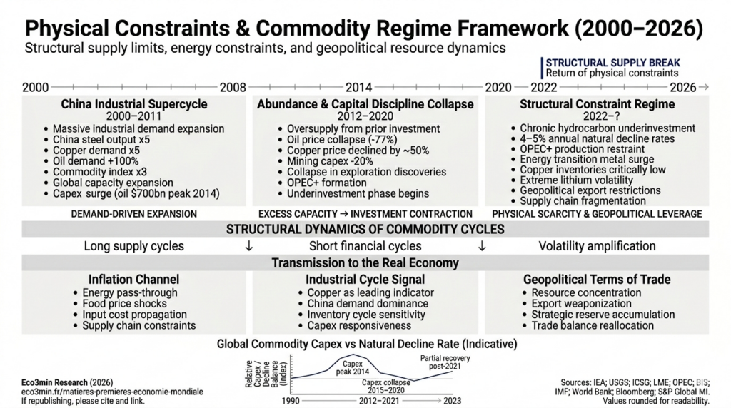 Infographic showing commodity regimes from 2000 to 2026, including the Chinese supercycle, the abundance phase and the return of physical constraints, with transmission to inflation and terms of trade.
