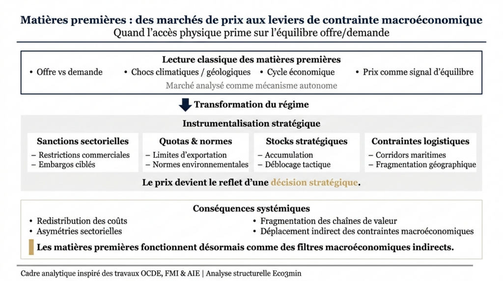 Schéma analytique montrant la transformation des matières premières : d’un marché classique offre/demande vers une instrumentalisation stratégique (sanctions, quotas, stocks, logistique) aux conséquences macroéconomiques systémiques.
