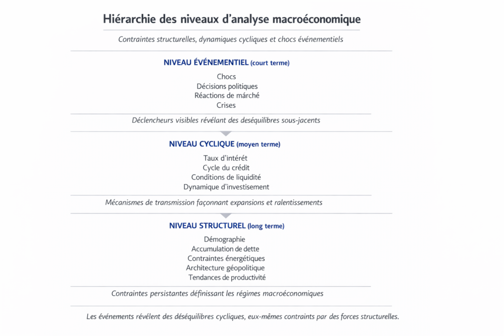 Hiérarchie des niveaux d’analyse macroéconomique : niveau structurel, niveau cyclique et niveau événementiel organisés verticalement.