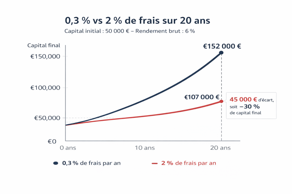 Graphique comparant le capital final sur 20 ans avec 0,3 % et 2 % de frais annuels à partir de 50 000 €