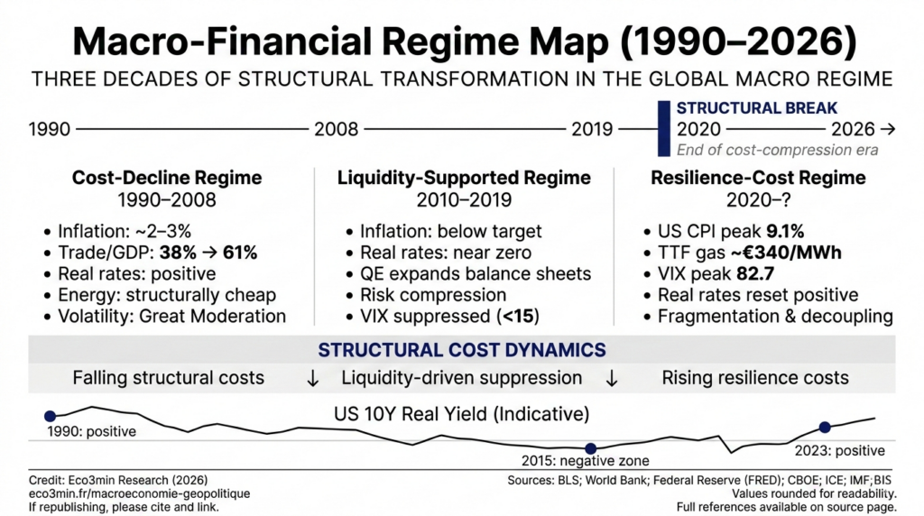 Macro-Financial Regime Map (1990–2026) illustrating the transition from cost-decline to resilience-cost regime, highlighting structural break in 2020 and evolution of inflation, trade intensity, real rates, and volatility.
