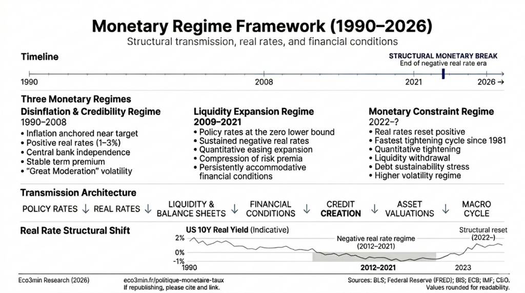 Schéma montrant trois régimes monétaires (1990–2008, 2009–2021, 2022–?) et la rupture structurelle de 2022, avec un graphique du taux réel américain à 10 ans et la chaîne de transmission de la politique monétaire vers les conditions financières et le cycle macroéconomique.