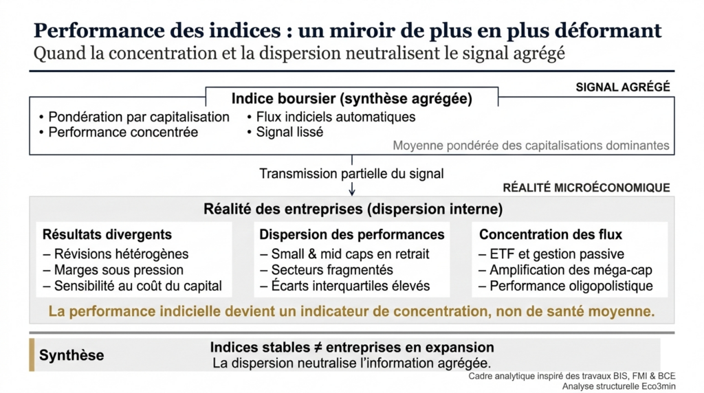 Infographie conceptuelle montrant la déconnexion entre la performance des indices boursiers et la réalité microéconomique des entreprises, avec concentration des flux, dispersion des performances et neutralisation du signal agrégé.