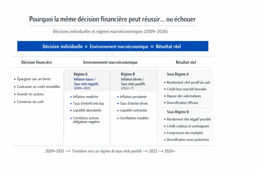 Infographie montrant l’impact des régimes macroéconomiques (2009–2026) sur les décisions financières individuelles et leurs résultats réels.