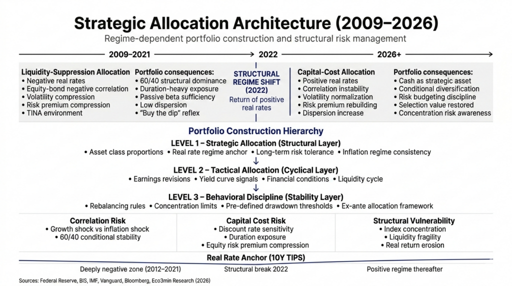 Infographie institutionnelle présentant l’architecture de l’allocation stratégique selon les régimes monétaires 2009–2026, incluant hiérarchie de construction de portefeuille, transition de régime en 2022 et ancrage des taux réels.