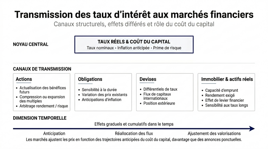 Schéma de transmission des taux d'intérêt aux marchés financiers : Taux directeur → Taux sans risque (courbe des taux) → Taux d'actualisation (valorisations) + Réallocation des flux (substitution inter-classes) + Crédit et bilans (effet de levier) → Dispersion des performances entre classes d'actifs, secteurs et profils de duration.