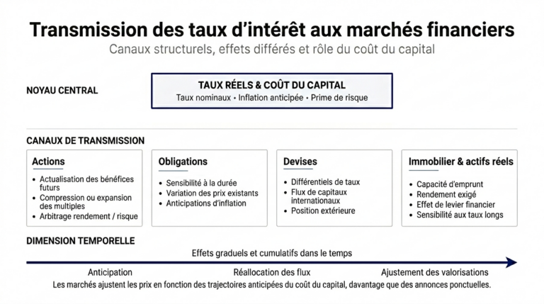Schéma macro-financier montrant les canaux de transmission des taux d’intérêt vers les marchés actions, obligataires, devises et immobilier.