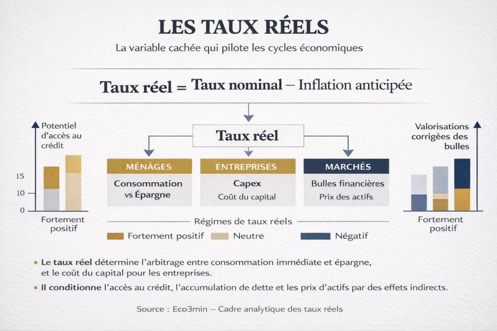 Analytical diagram of the role of real interest rates in economic trade-offs, investment, and financial cycles