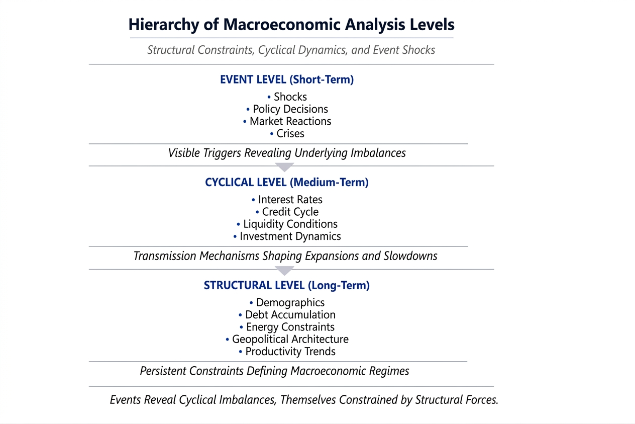 Hierarchy of macroeconomic analysis levels: structural, cyclical, event-driven — Eco3min reading pyramid