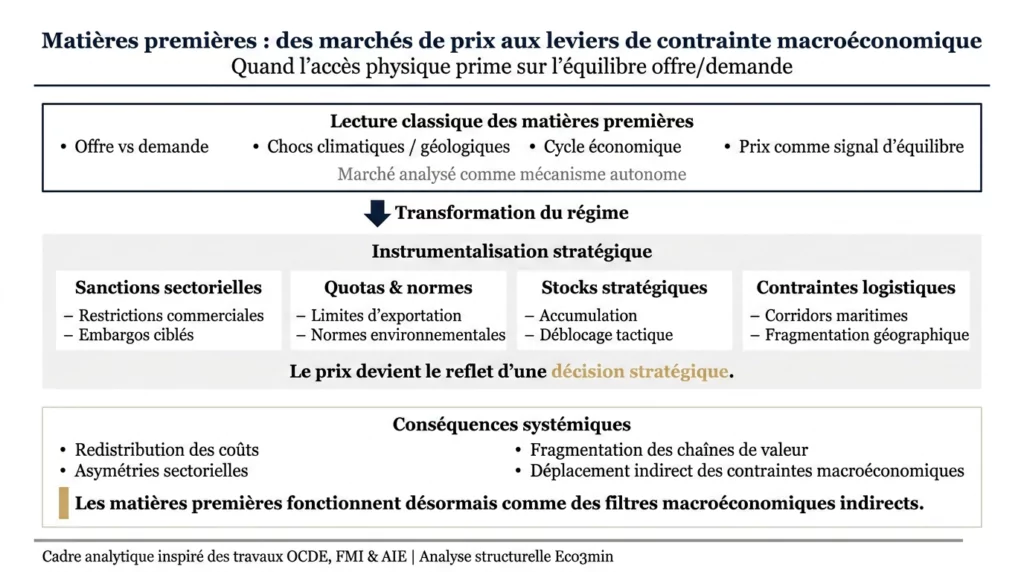 Analytical diagram showing the transformation of commodities: from a classic supply/demand market towards strategic instrumentalisation (sanctions, quotas, stocks, logistics) with systemic macroeconomic consequences.