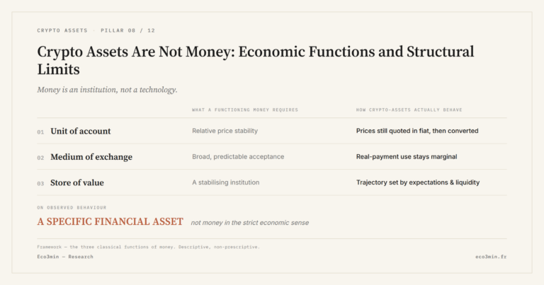 Eco3min — Crypto Assets Are Not Money: Economic Functions and Structural Limits