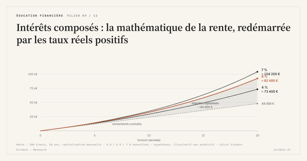 Eco3min — Intérêts composés : la mathématique de la rente, redémarrée par les taux réels positifs