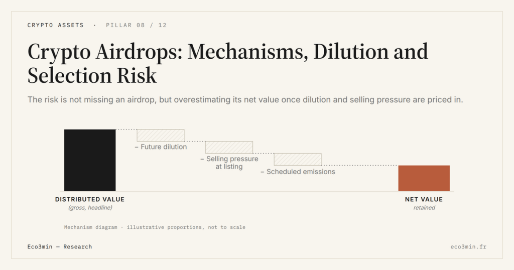 Eco3min — Crypto Airdrops: Mechanisms, Dilution and Selection Risk