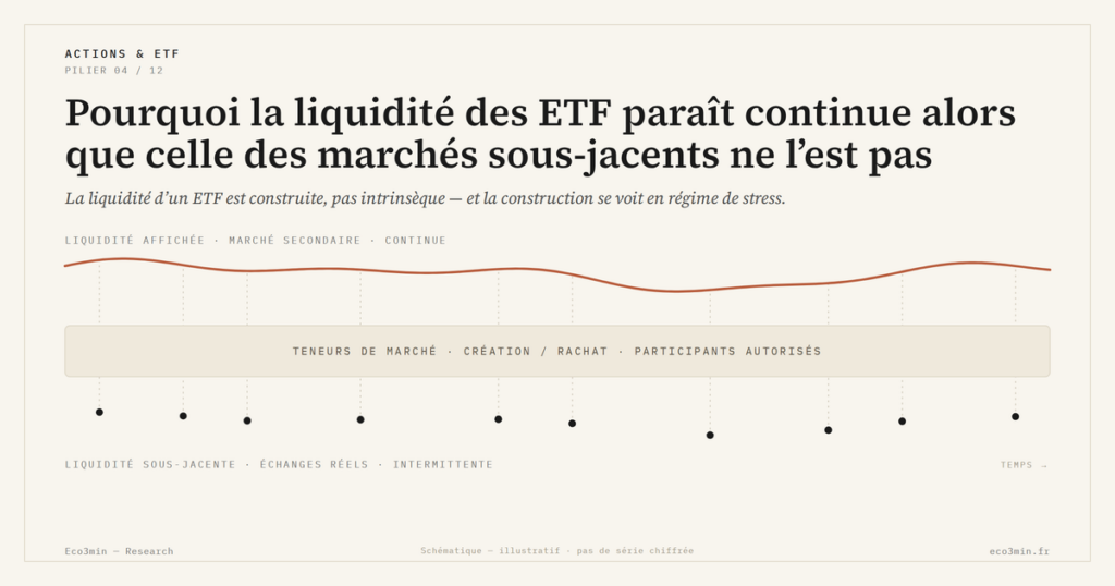 Eco3min — Pourquoi la liquidité des ETF paraît continue alors que celle des marchés sous-jacents ne l’est pas