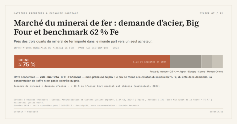 Eco3min — Marché du minerai de fer : demande d’acier, Big Four et benchmark 62 % Fe