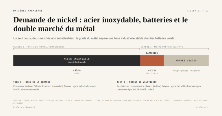 Eco3min — Demande de nickel : acier inoxydable, batteries et le double marché du métal