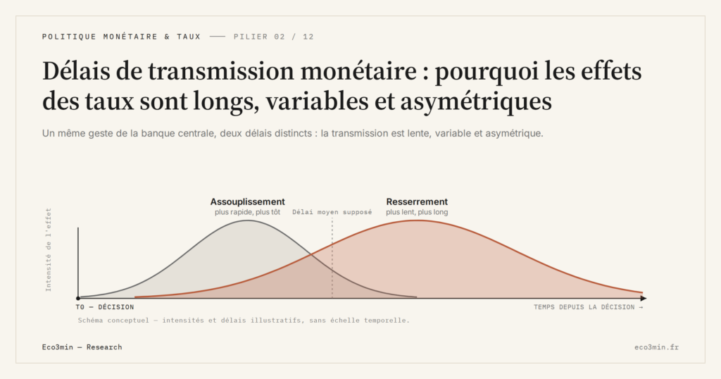 Eco3min — Délais de transmission monétaire : pourquoi les effets des taux sont longs, variables et asymétriques