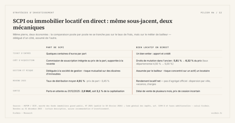 Eco3min — SCPI ou immobilier locatif en direct : même sous-jacent, deux mécaniques