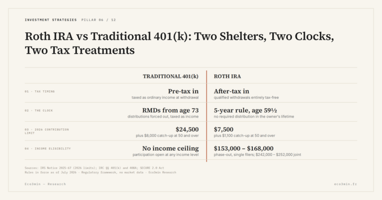 Eco3min — Roth IRA vs Traditional 401(k): Two Shelters, Two Clocks, Two Tax Treatments