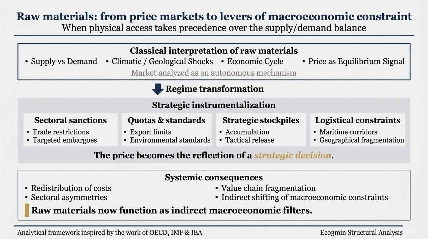 Schéma analytique montrant la transformation des matières premières : d'un marché classique offre/demande vers une instrumentalisation stratégique (sanctions, quotas, stocks, logistique) aux conséquences macroéconomiques systémiques.