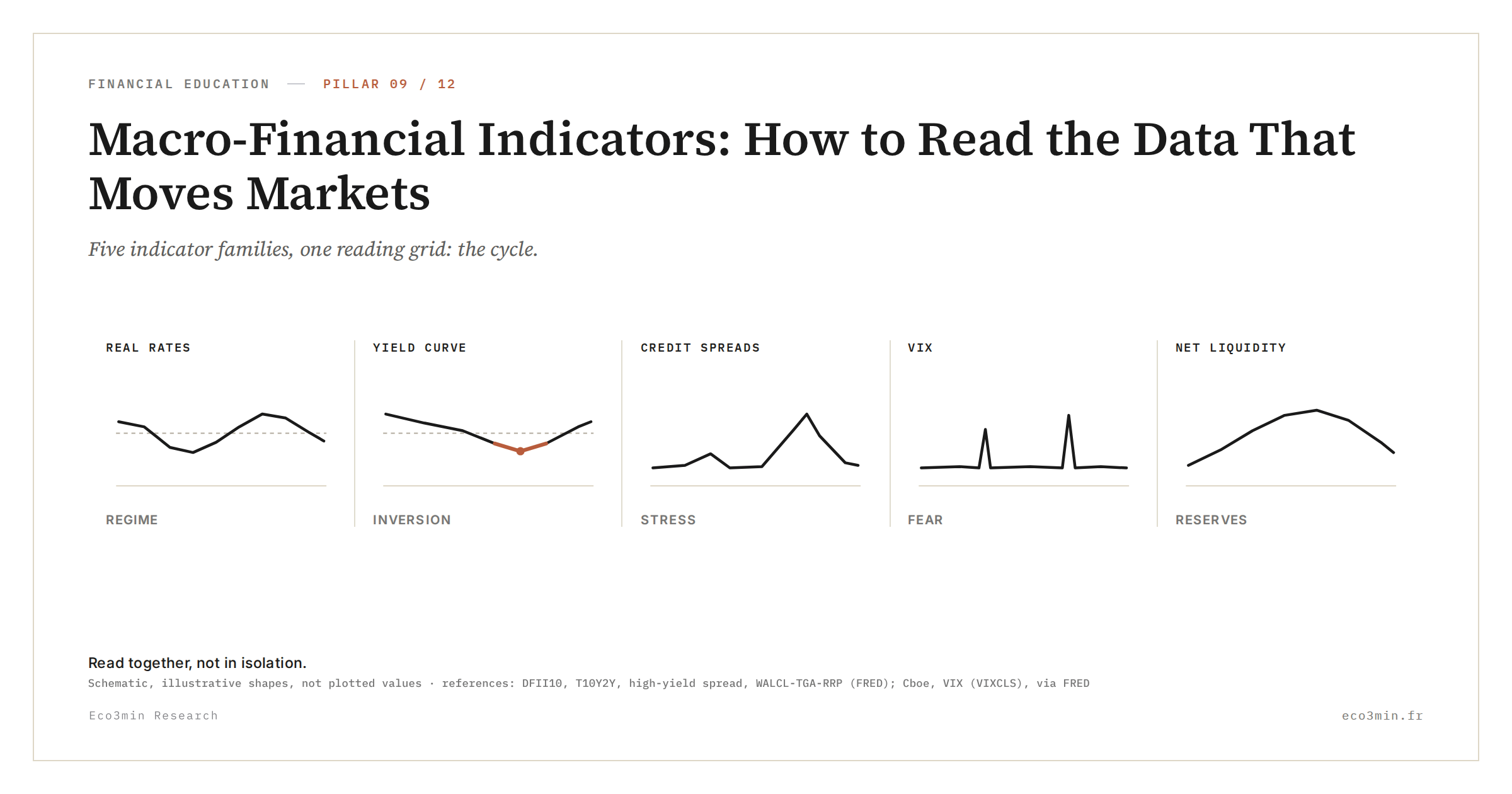 Schematic of five macro-financial indicator families (real rates, yield curve, credit spreads, VIX, net liquidity): illustrative shapes, no plotted values (Eco3min).