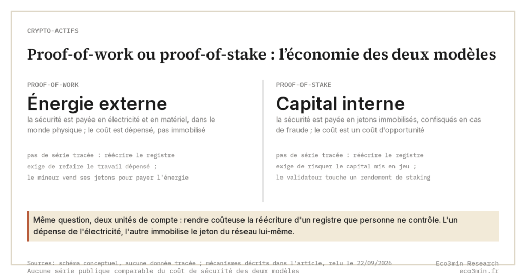Eco3min — Proof-of-work ou proof-of-stake : l’économie des deux modèles