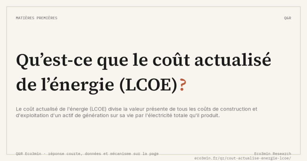 Eco3min — Qu’est-ce que le coût actualisé de l’énergie (LCOE) ?
