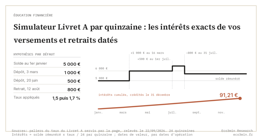 Eco3min — Simulateur Livret A par quinzaine : les intérêts exacts de vos versements et retraits datés
